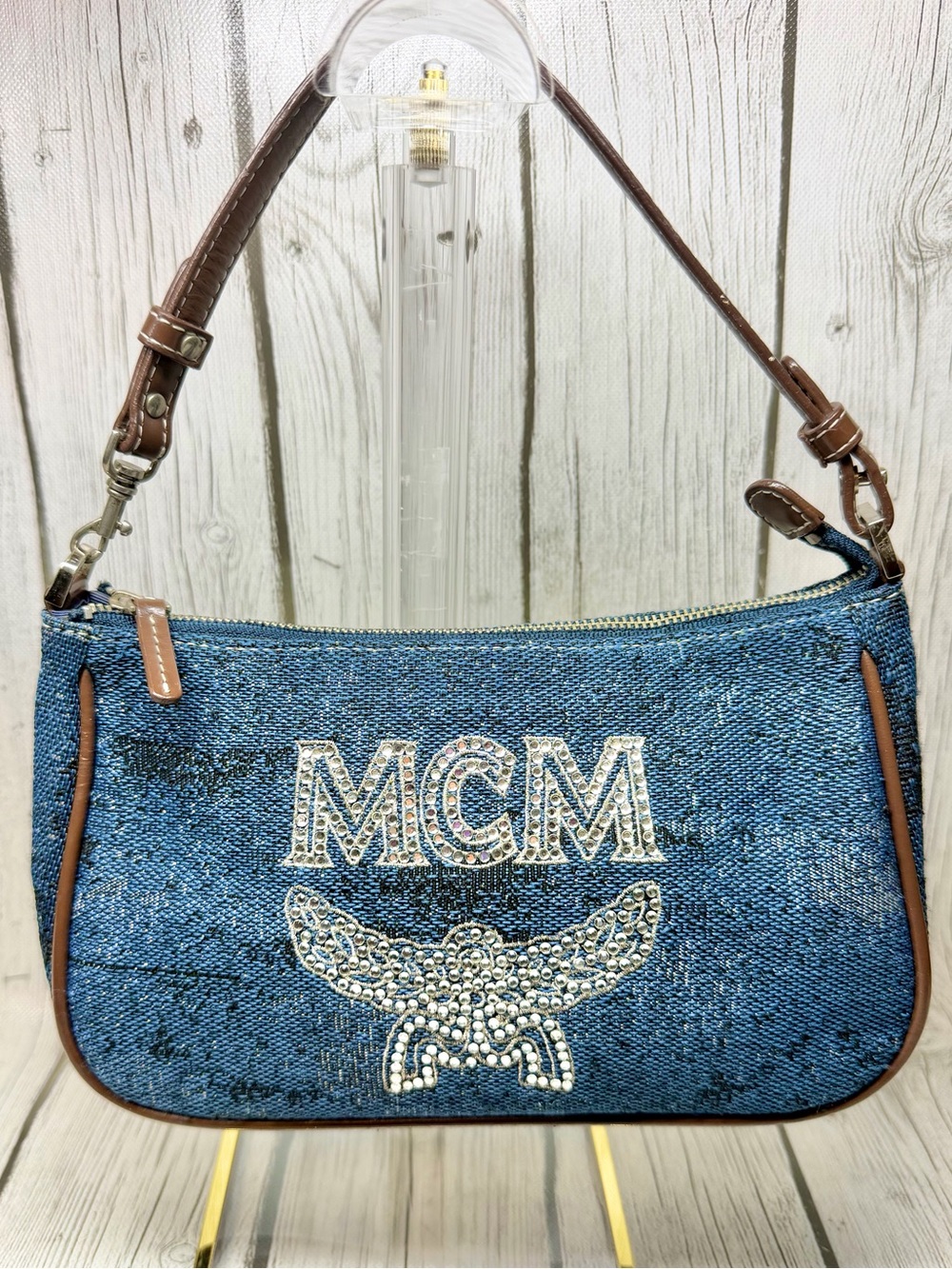 PRE LOVED MCM Blue Denim Shoulder Bag with Rhinestones